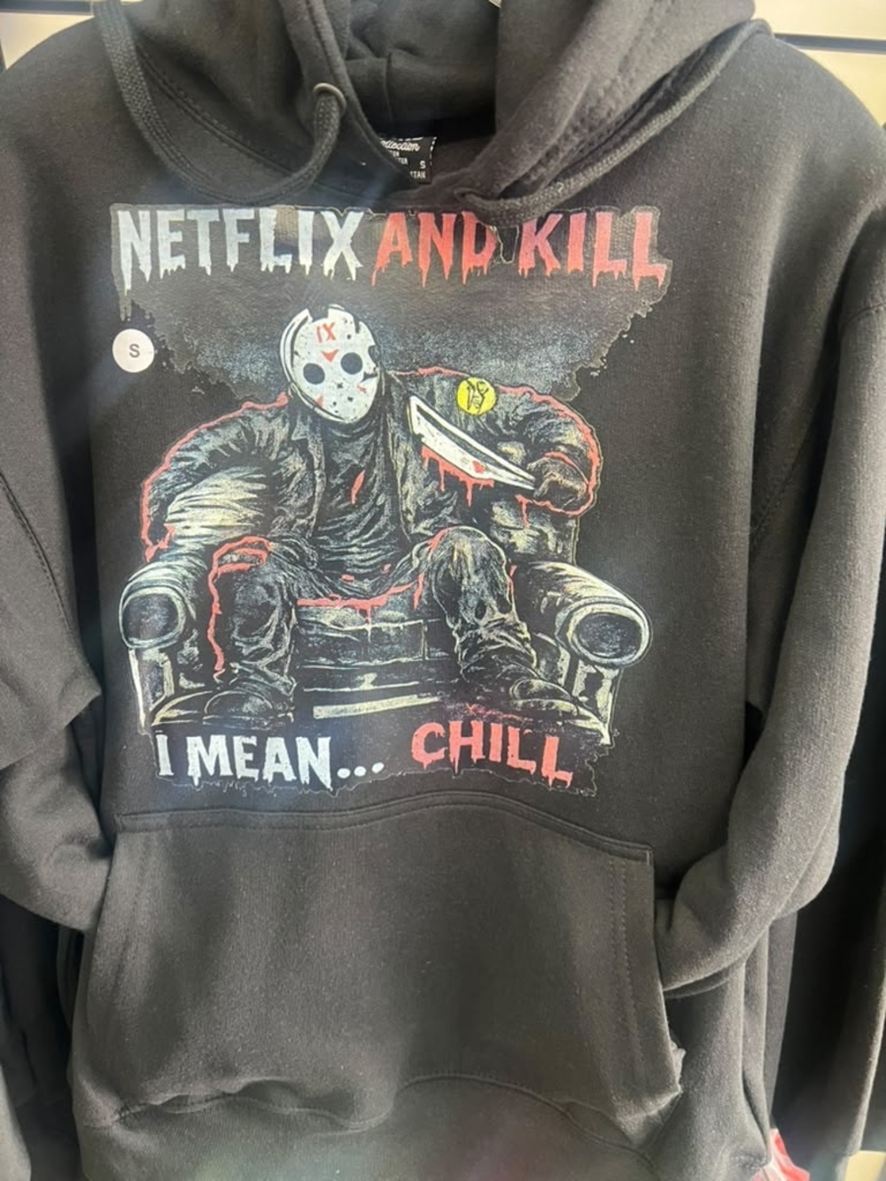 SD Collection Black Graphic Crewneck Hoodie with Horror Jason Illustration